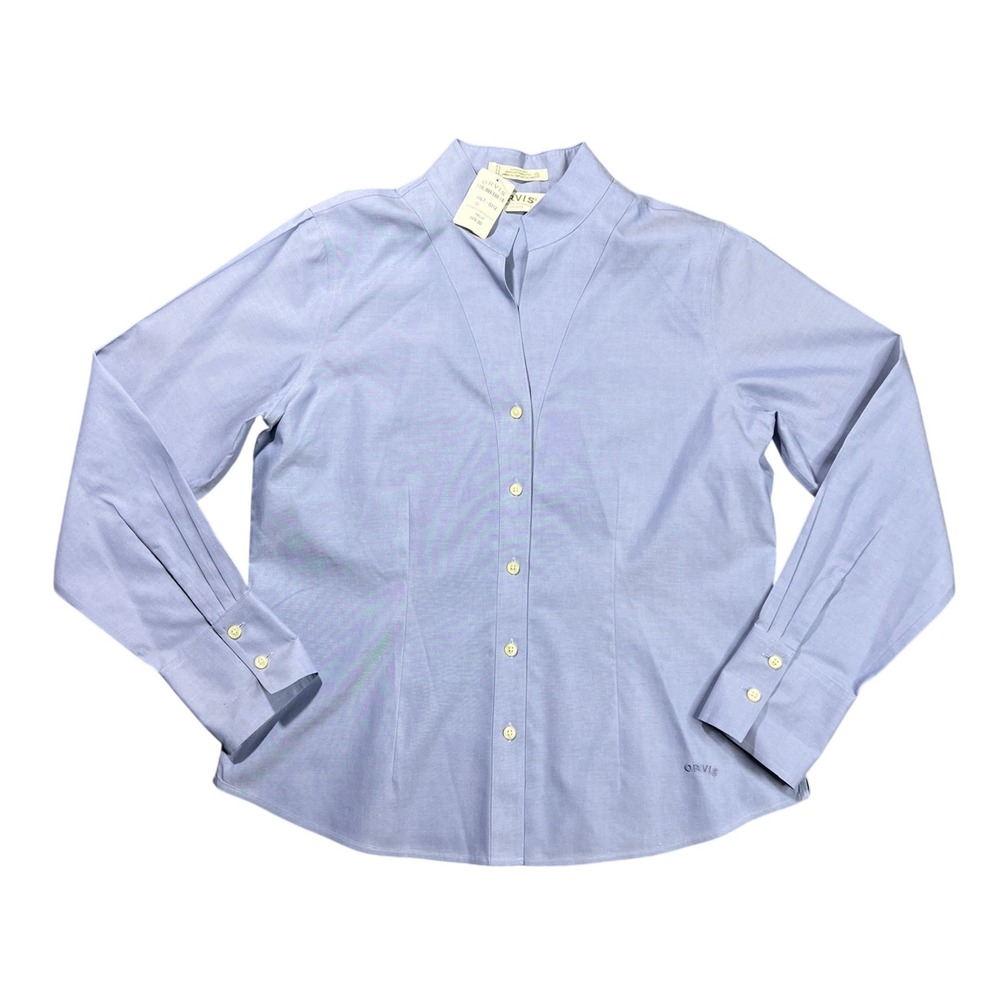 NWT Orvis Women's 12 Blue Wrinkle Free Fan-Out Stand Collar Button Front Shirt